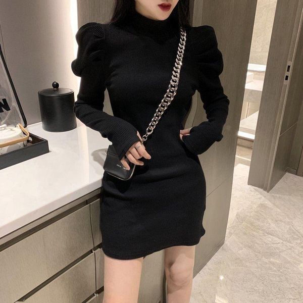 

casual dresses knitted one-piece dress korean women winter puff long sleeve mini bodycon black for year 2021, Black;gray