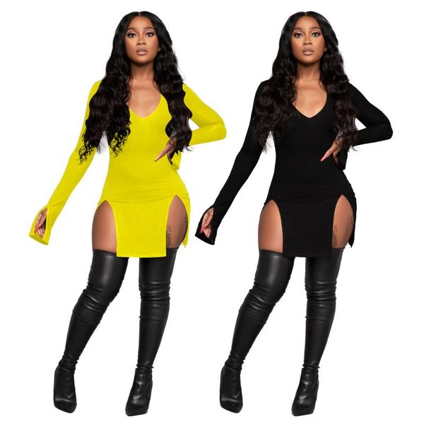 

casual dresses women irregular party 2021 autumn long sleeves side split solid v-neck slimming waist s-2xl mini lady bodycon dress, Black;gray
