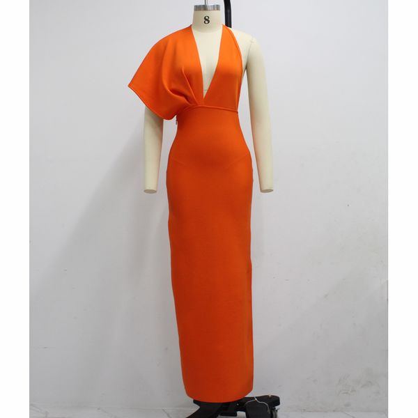 

2021ciemiili draped backless women side split evening party dress 2021 v-neck orange black long bandagedresses, Black;gray
