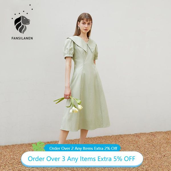 

casual dresses fansilanen office lady western a-line age-reducing dress summer 2021 style french lapel green high waist puff sleeve, Black;gray