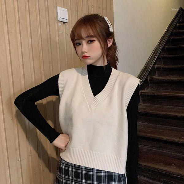 

women's sweaters fashion women casual v-neck sleeveless vest loose female pullover, White;black