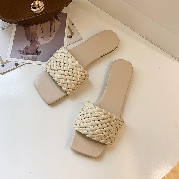 

slippers women 2021 lightweight retro korean square head fish mouth woven sandals and women's flat, Black