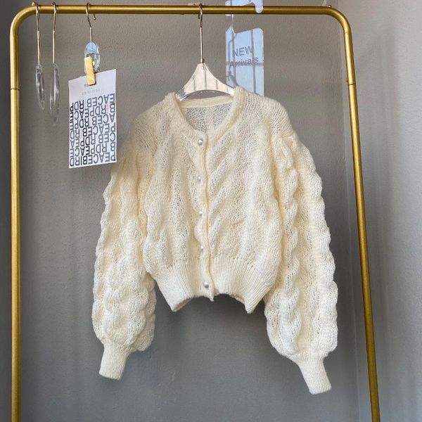 

women's knits & tees [eqw] lantern sleeve short sweater women 2021 autumn hook flower hollow out chunky knit queen clothing loose casua, White
