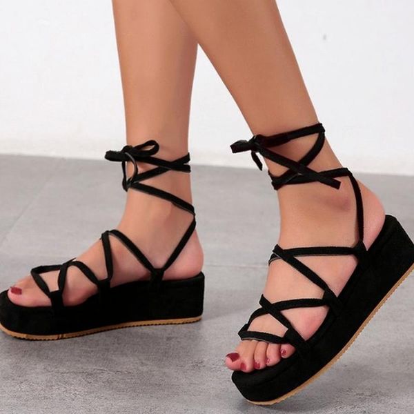 

sandals mid-heeled shoes women's summer gladiator cross strap platform 2021 fashion open-toed women, Black