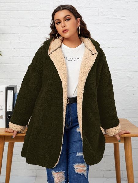 

plus two tone hooded teddy coat 07me#, Black