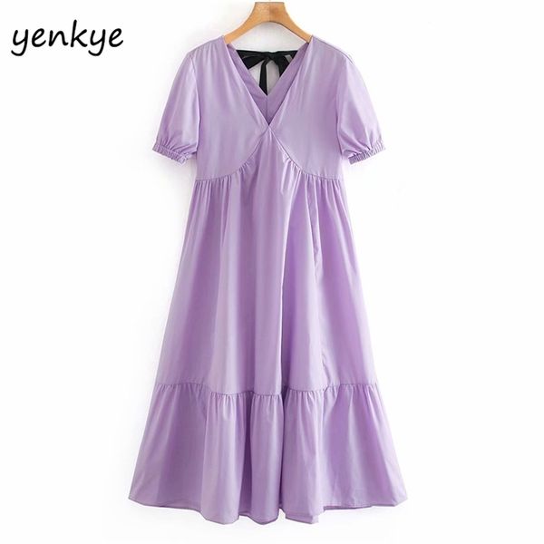 

fashion women back bow tie design v neck short sleeve high waist a-line female solid color casual autumn dress 210514, Black;gray