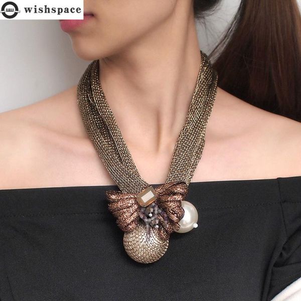 

Euramerican Ity Exaggerated Ribbon Bow Sexy Lace Wild Party Necklace Lady Pearl Pendant Choker Chains, Silver