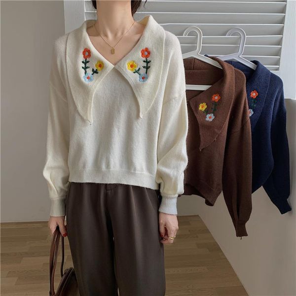 

women's sweaters qoerlin gentle retro sweater loose big lapel lantern sleeves embroidered autumn winter knitted pullovers female, White;black