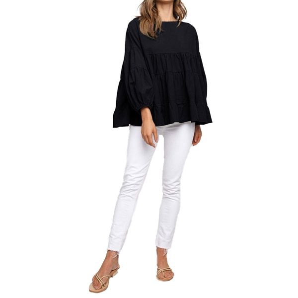 

women t-shirt female long sleeve round neck ruffles elegant ladies solid color loose spring autumn clothing 210522, White