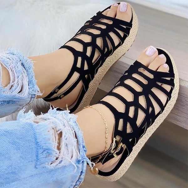 

summer women flats sandals open toe beach espadrille hollow out platform gladiator ladies shoes big size, Black