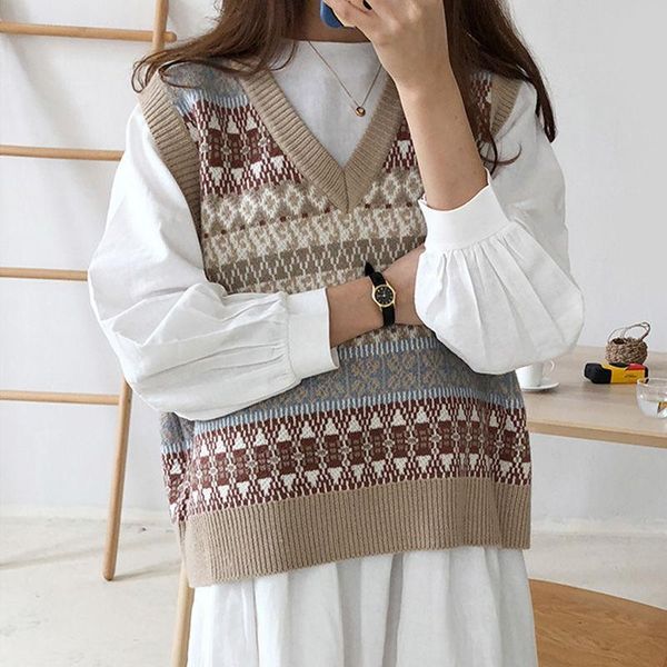 

women's vests 2021 fashion casual plaid sweater vest spring autumn women v neck sleeveless loose sweaters tank pullover warm clothing, Black;white