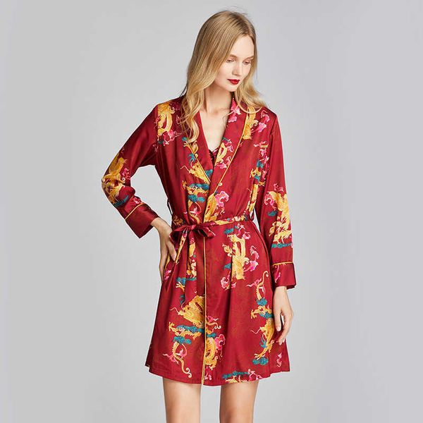 

yaoting new spring and summer pajamas women's silk ice dragon and phoenix bridal robe nightgown morning robe housewear 1661, Black;red