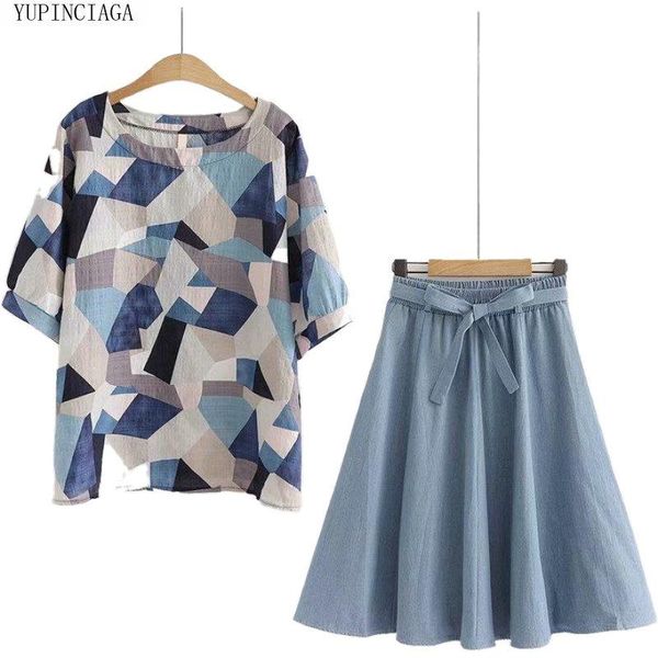 

women sets korean style geometric print thin o-neck short sleeve t shirt + high waist solid color denim a-line skirt 2 piece set two dress, White