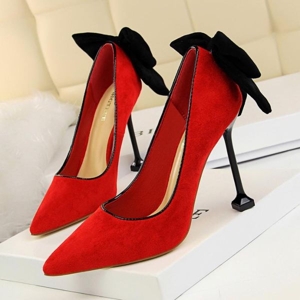 

dress shoes korean version of thin high heels women's stiletto suede shallow mouth pointed bow single women, Black