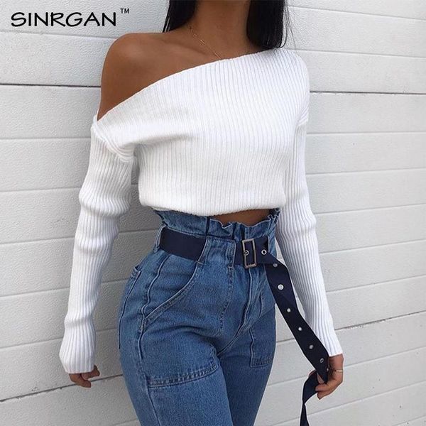 

slim fit long sleeved sweater oblique shoulder crop knitwear autumn winter pull femme nouveaute women's sweaters, White;black