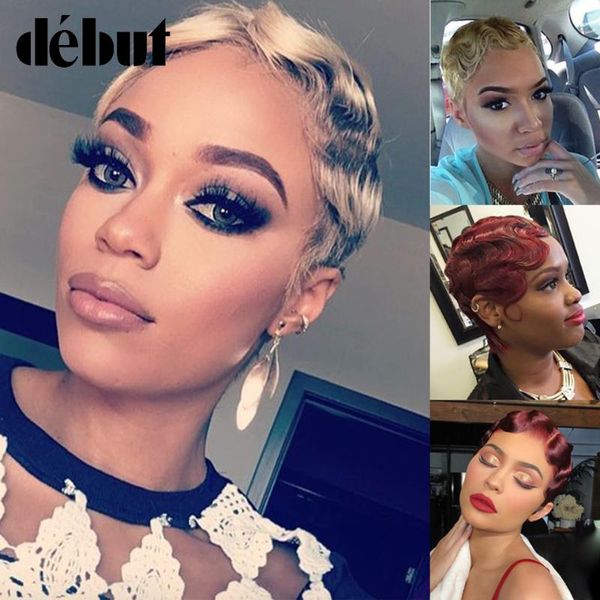 

lace wigs debut short bob front for women ombre romantic part human hair brazilian remy #27 #30 finger wave, Black;brown