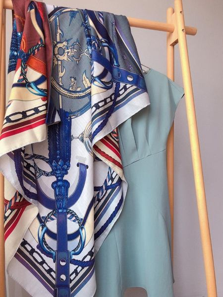 

scarves belts print large square cashmere scarf shawl women luxury pashmina wraps cape double side pattern 53"x53", Blue;gray