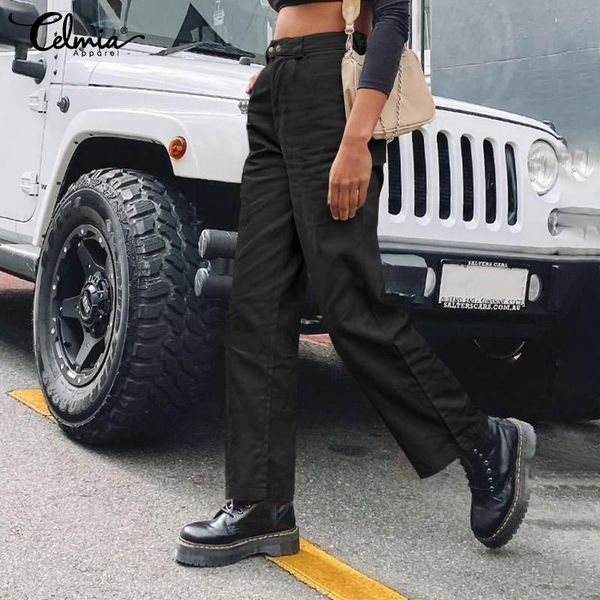 

women's pants & capris celmia women elegant fashion cargo pockets solid trousers high waist casual loose oversized work pantalon street, Black;white