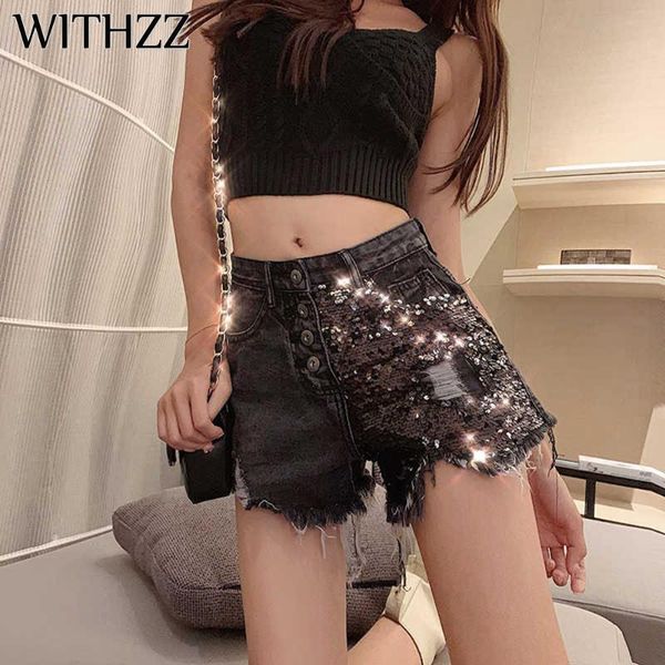

women's jeans withzz summer trend personality for women pants torn denim shorts high waist irregular fashion sequins, Blue