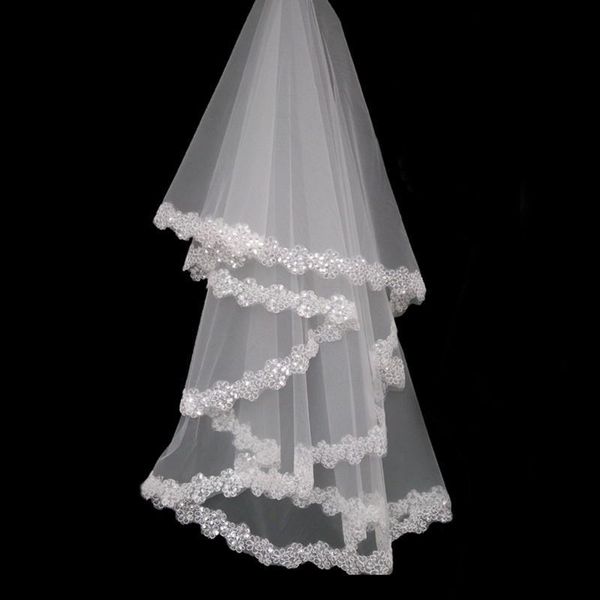 

bridal veils white ivory lace veil sequins applique one layer fingertip length wedding custom made, Black