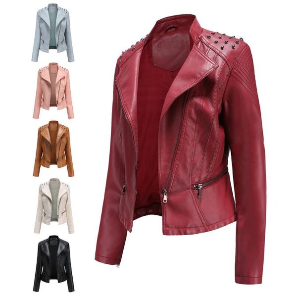

pu leather jacket women fashion slim fit short style leather coat female motorcycle jacket with rivet s, Black