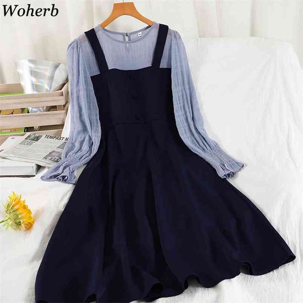 

summer dresses korean patchwork fake two-piece a-line vestido de mujer temperament o neck long sleeve slim dress women 210519, Black;gray