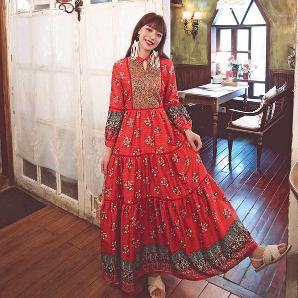 

casual dresses jsxdhk bohemian holiday maxi dress spring autumn embroidery long sleeve vintage flower print plaid big swing vestidos, Black;gray
