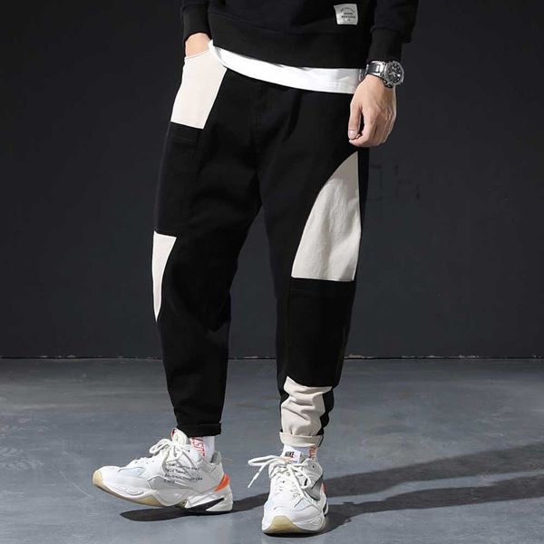 

pants classic retro loose baggy harem men casual joggers pants body splicing younth contrast color cotton trousers man clothes, Black