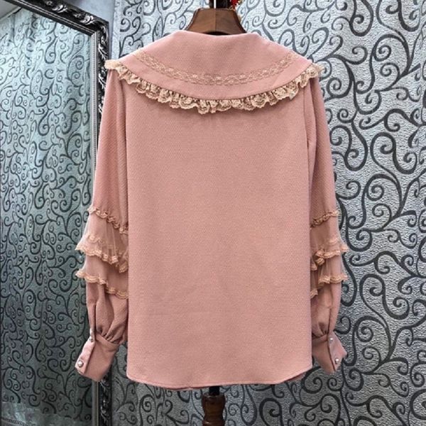 

shirts fashion pink shirts women big turn-down collar golden lace patchwork long sleeve casual loose shirt ladies, White