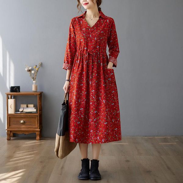 

casual dresses 2021 arrival long sleeve autumn dress print floral cotton linen draw string office lady work women spring, Black;gray