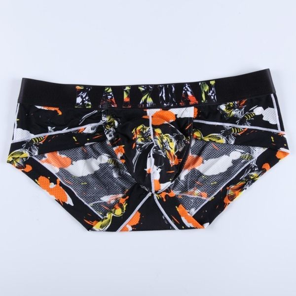 

new briefs digital print ice silk mesh hole men's brief underwear gay men u convex underpants bikini, Black;white