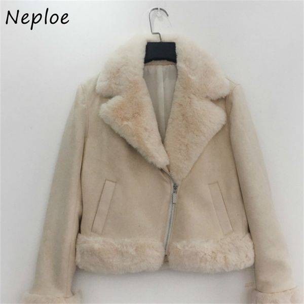 Neploe outono inverno doce casaco vintage estilo japonês bolsos duplos mulher jaqueta de pele quente colarinho zip femme tops 211126