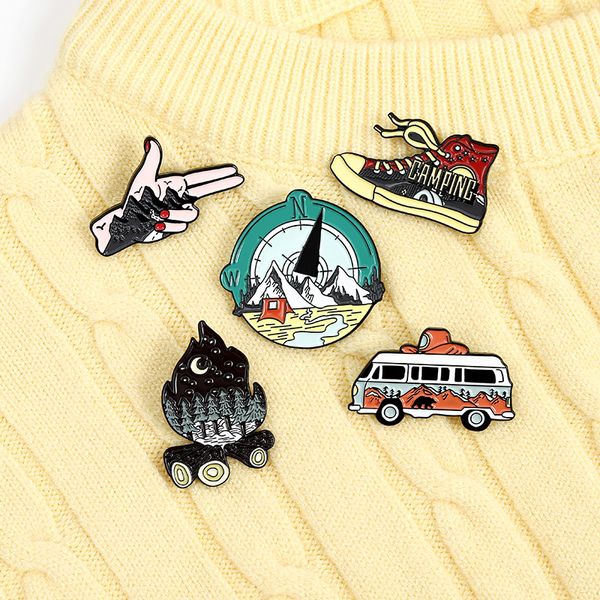 

tour bus compass design brooches climbing shoes hiking match pins gesture mountain travel gift badge pin accessories, Gray