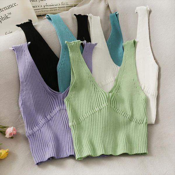 

v neck knitted crop women cami solid color slim fit camis for sleeveless tanke ins, White