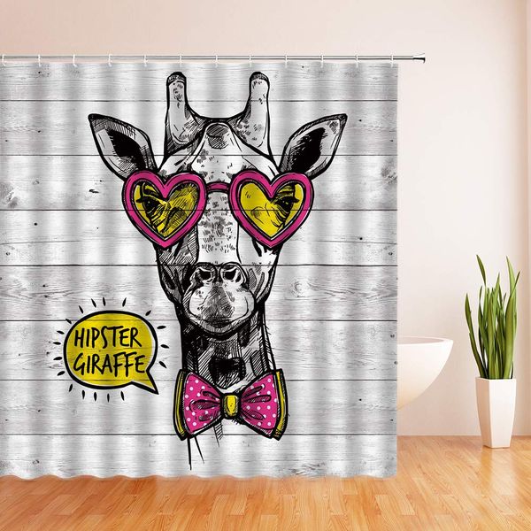 

creative giraffe shower curtain fashion abstract wild animal pink heart glasses bow knot funny cute rustic wooden board barn