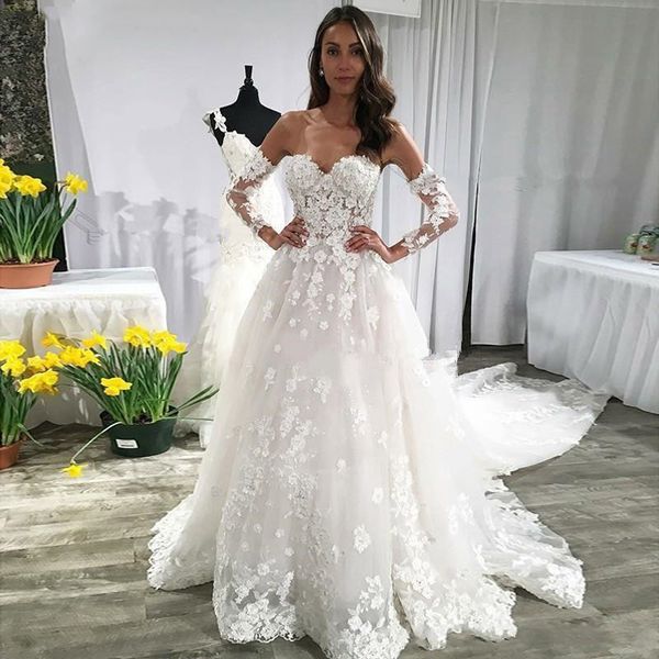

custom made long sleeves a line lace wedding dresses appliqued court train off shoulder backless tulle bridal gowns, White