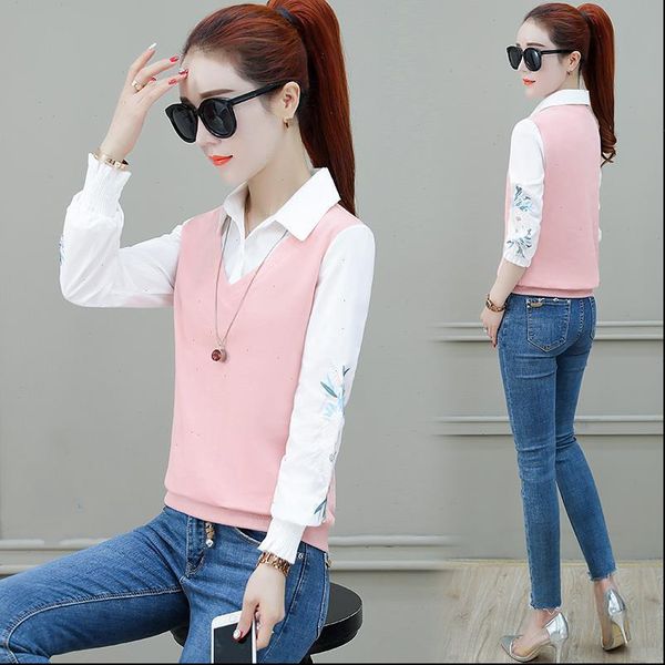 

autumn embroidered sweatshirt long sleeve women shirts stitching thick feminine patch buttons shirt plus size 3xl, White