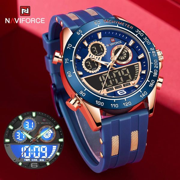 

wristwatches naviforce watches for men fashion blue silicone band sport digital chronograph quartz wrist watch male military waterproof cloc, Slivery;brown