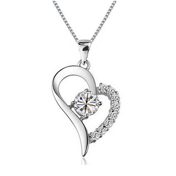 

sterling silver necklace 2 colors zircon 18inches box chain heart pendant platinum plated