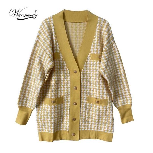 

casual long knitted pink cardigan female autumn winter drop shoulder sweater coat basic button women's houndstooth c-308 211011, White;black