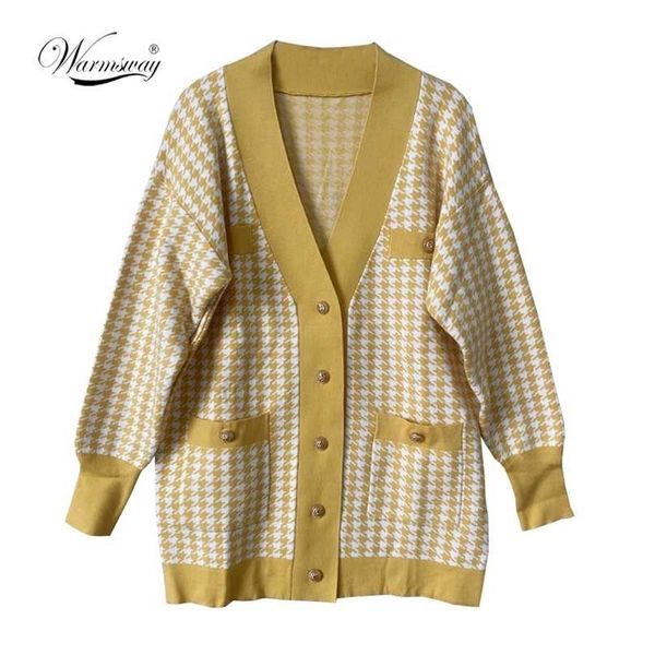 Cardigan rosa lavorato a maglia lungo casual Donna Autunno Inverno Maglione con spalle scoperte Cappotto con bottoni di base Pied de poule da donna Top C-308 211011