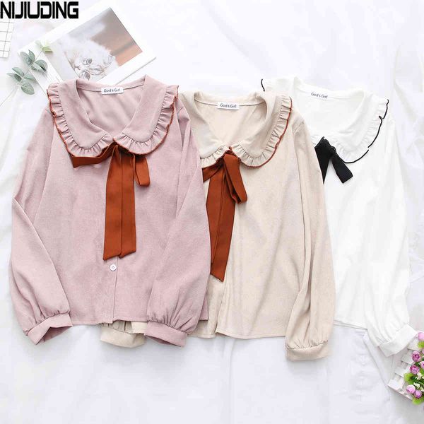 

office lady long sleeve blouse shirts spring slim bow lotus leaf turn-down collar wild women retro 210514, White