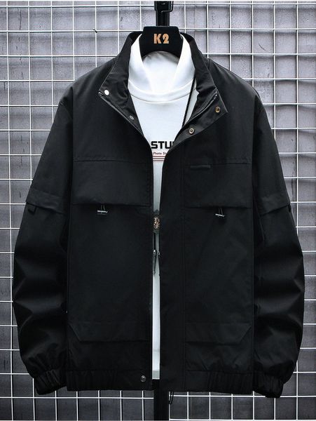 

men solid flap pocket zip front jacket z0tq#, Black;brown