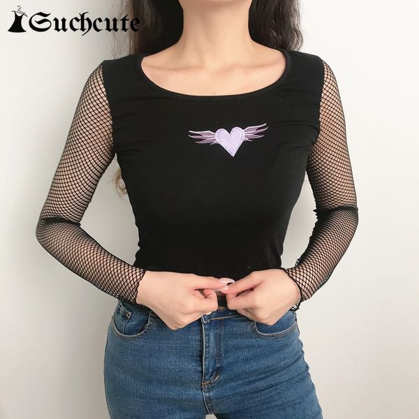 

women's t-shirt gothic heart print y2k aesthetic skinny mesh long sleeve female cropped dark academia tee yshr, White