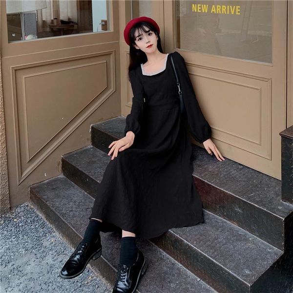 

vintage women dress high waist square collar dresses purple red black 7605 casual, Black;gray