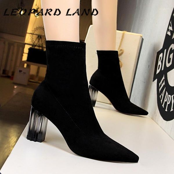 

boots leopard land winter fashion simple chunky heel crystal suede pointed nightclub slim ankle ds-1718-31, Black