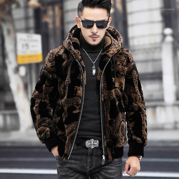 

men's fur & faux high-quality leopard print short hooded korean gold mink jacket sheep shearing warmth thick coat men, Black