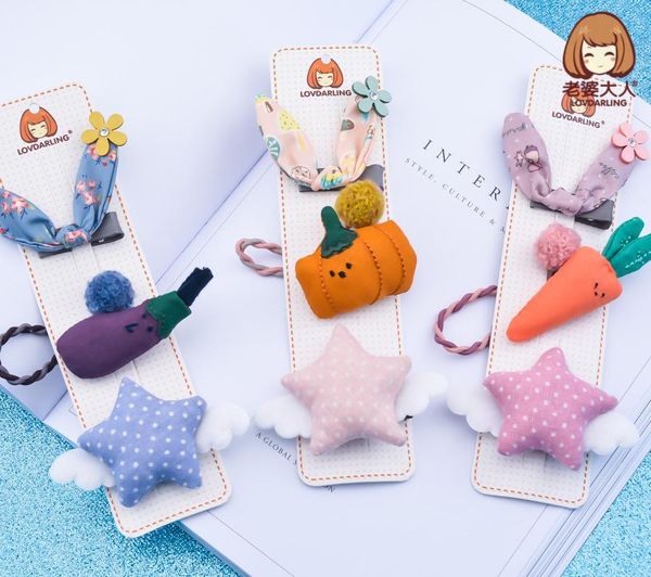 

fruit and vegetable series ear idea fabric five-pointed star high elastic rubber band hair combination set accessories, Slivery;white