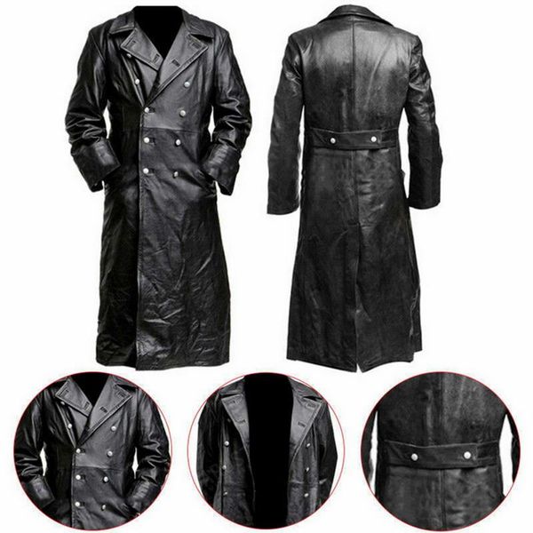 

men's jackets button closure pu leather jacket long trench winter vintage business outerwear premium officer black coat, Black;brown