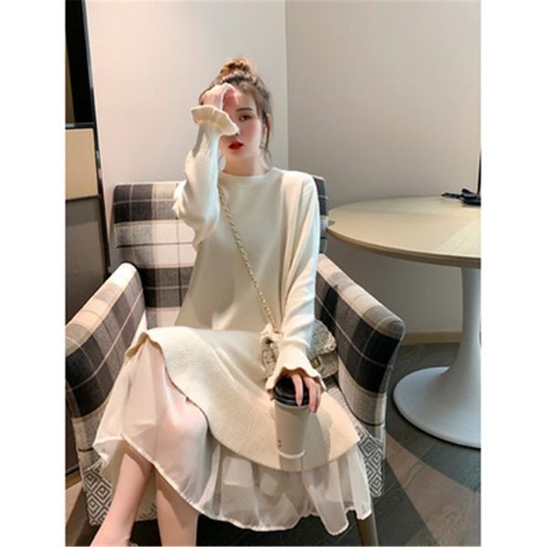 

women's sweaters women 2021 long knitted dresses flare sleeved solid mesh patchwork lady elegant party fashion outwear pz3612, White;black